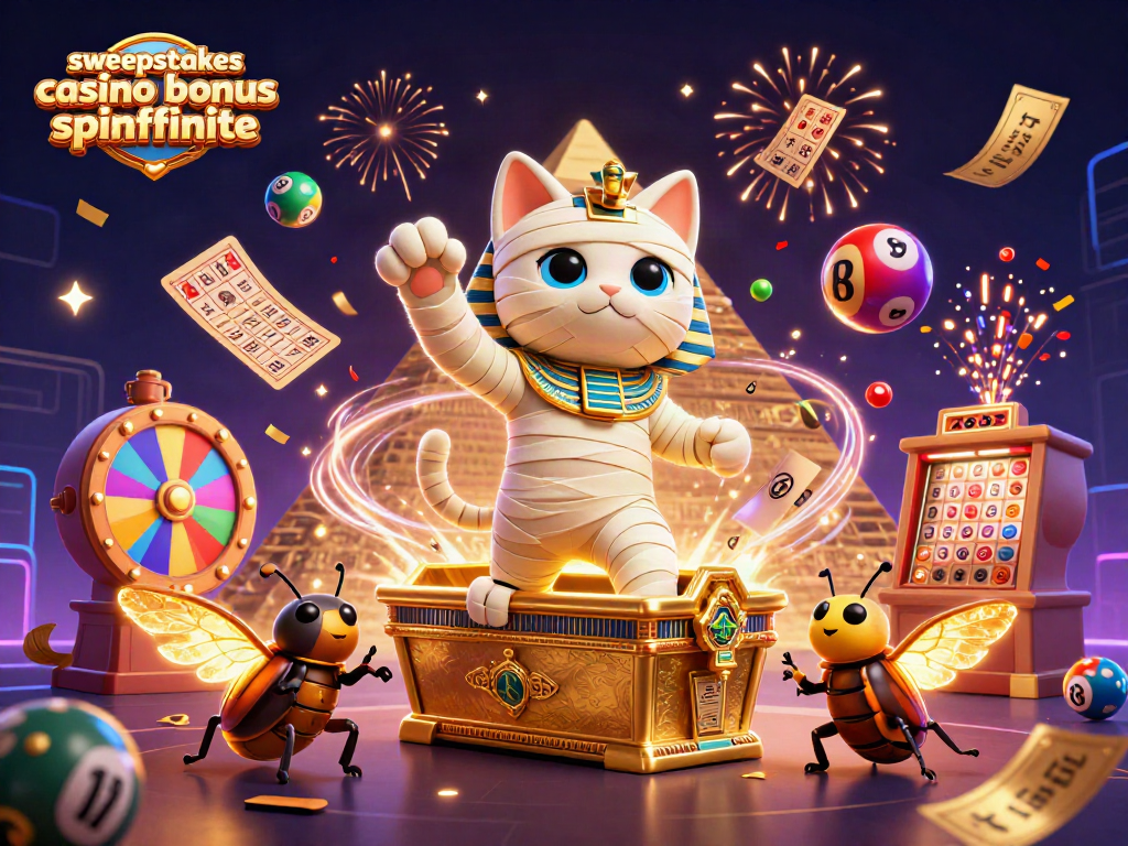Spinfinite sweepstakes casino bonus features a dynamic scene with a mummy cat and colorful prizes.