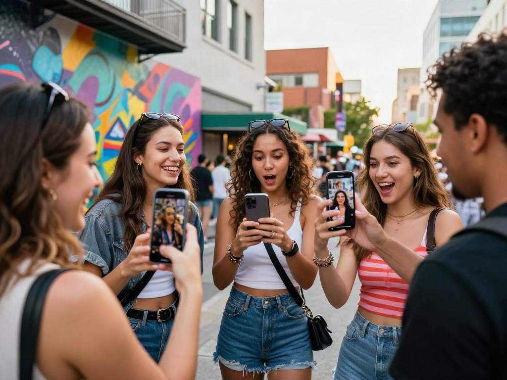 Friends laughing and comparing who they look like celebrities in a lively urban setting.