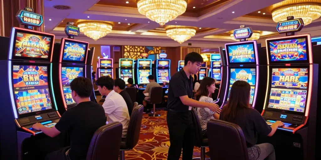 Pengalaman bermain slot777 di kasino Asia yang semarak dengan pemain bersemangat.