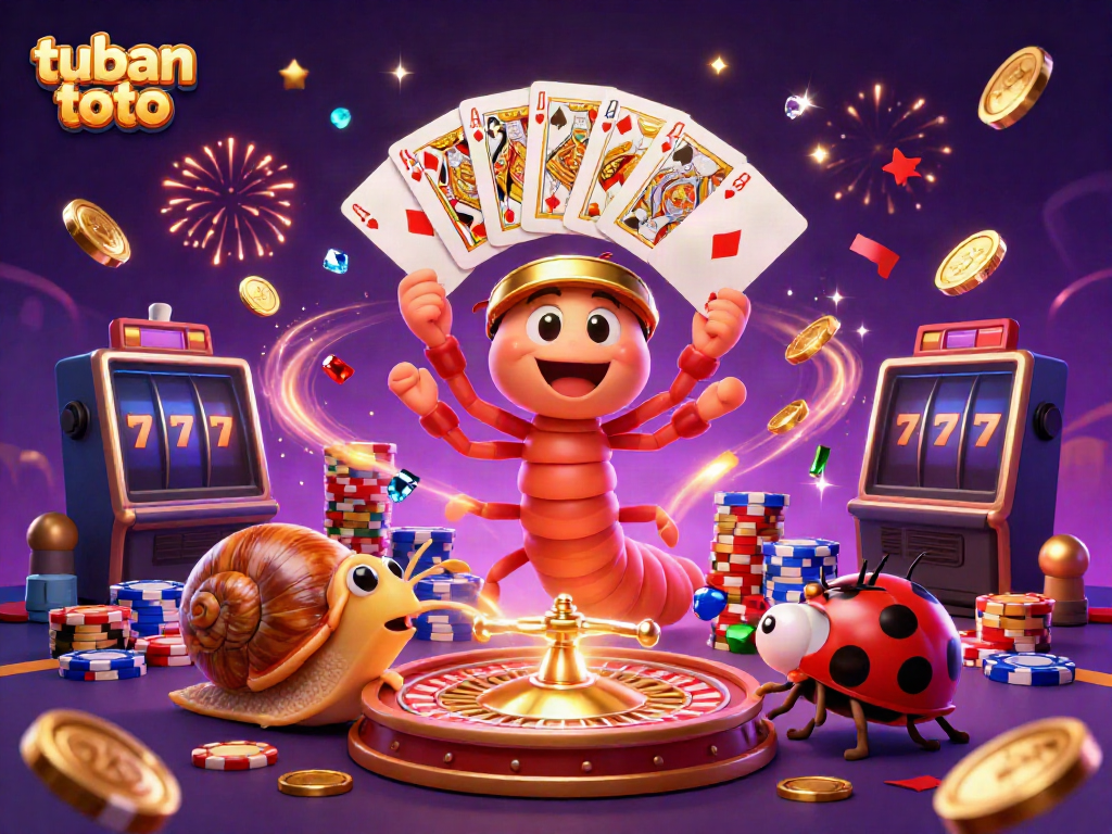 Experience thrilling action on tuban toto with cartoon characters surrounded by cascading chips and gold.