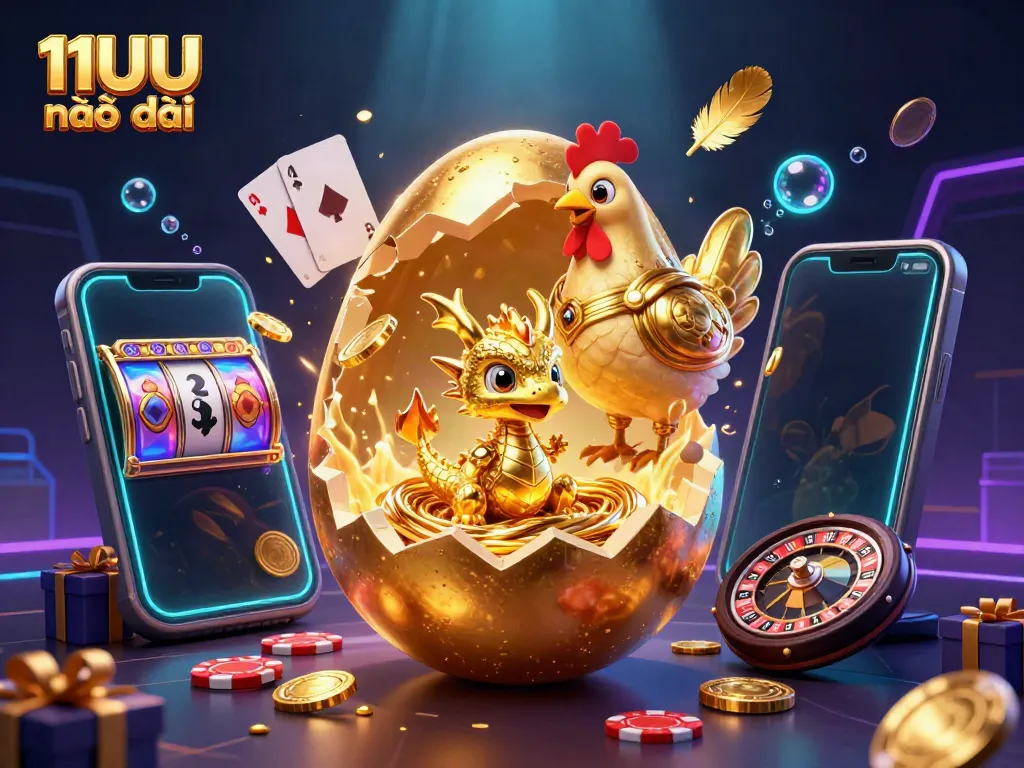 Experience the excitement of 11UU nhà cái with a vibrant 3D illustration of winning themes and golden treasures.