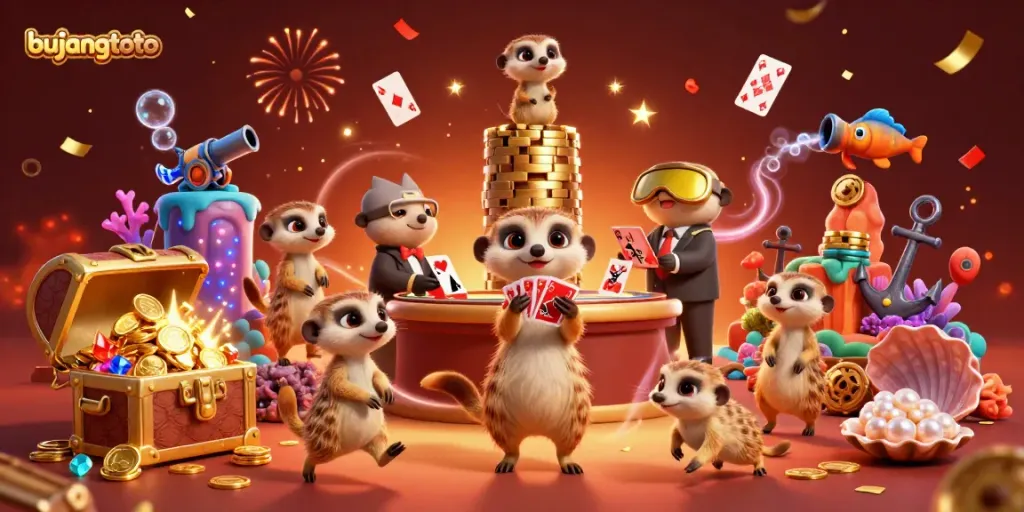 Join the fun with bujangtoto as meerkats manage a colorful casino scene filled with excitement!