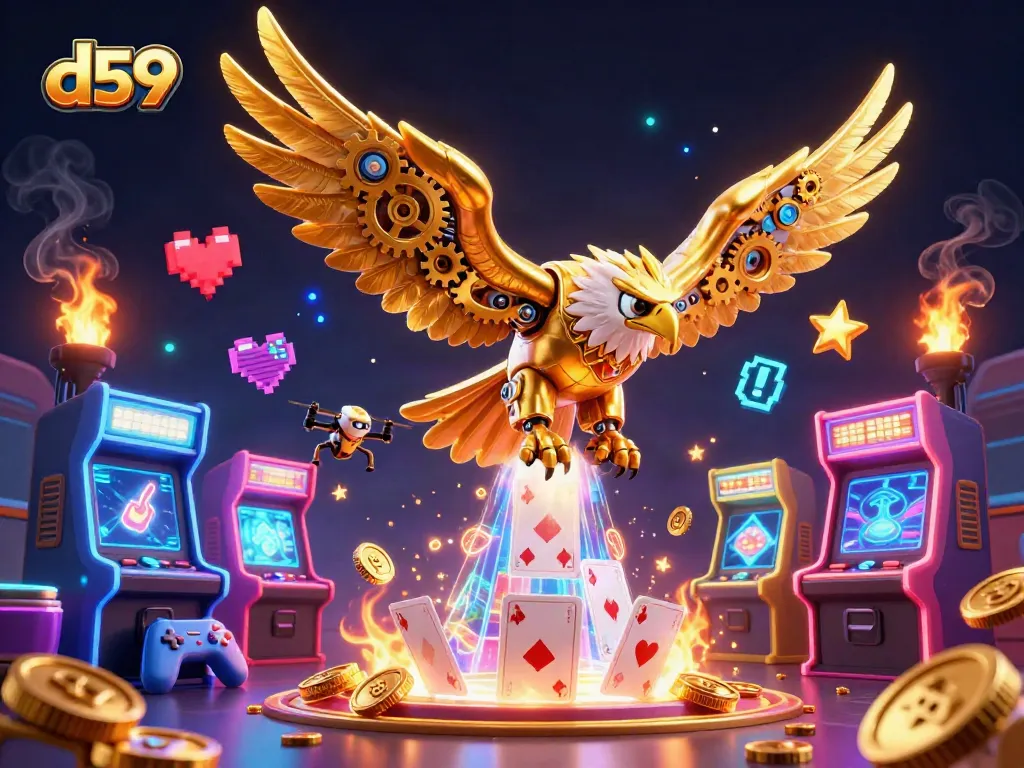 Experience the thrill of d59 with a cybernetic eagle diving through holographic cards and arcade elements.