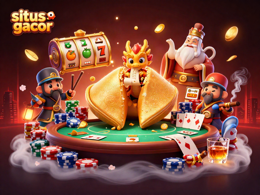 Engaging scene with a tiny dragon reading fortunes inside a golden cookie, representing situs slot gacor excitement.
