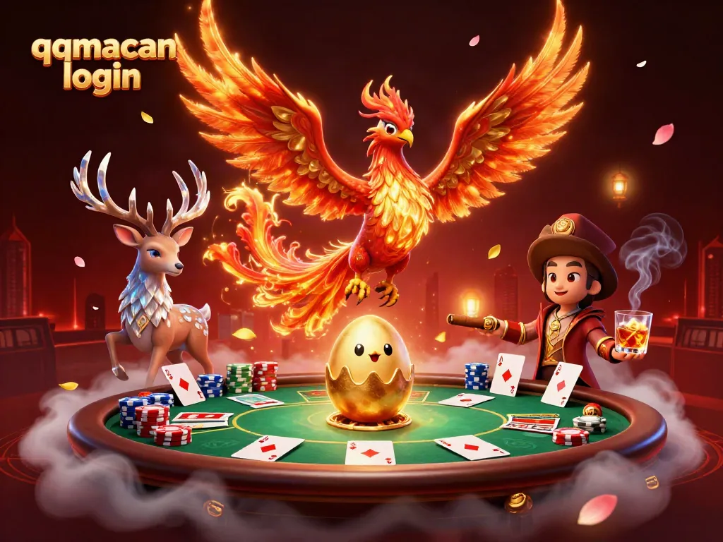 Experience thrilling gameplay with qqmacan login, featuring a vibrant phoenix and poker elements.