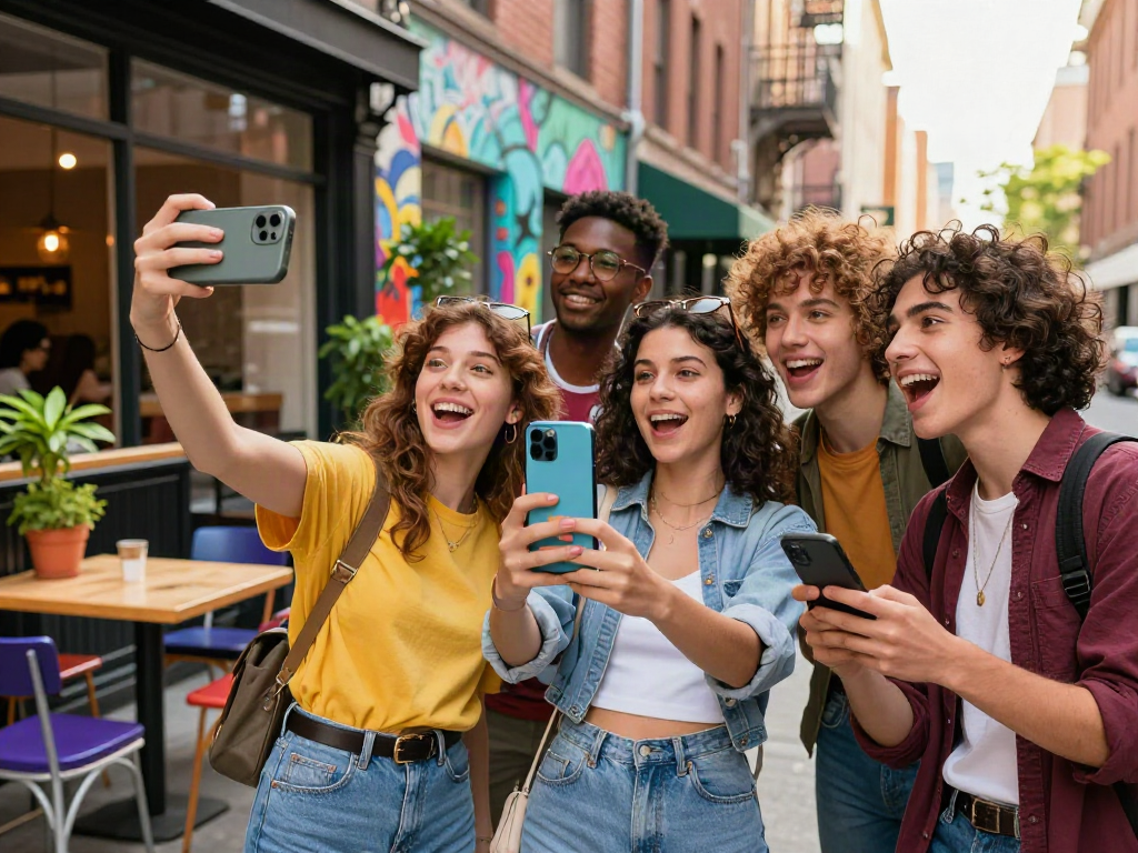 Friends testing a mobile app to see how old do I look, showcasing fun in an urban environment.