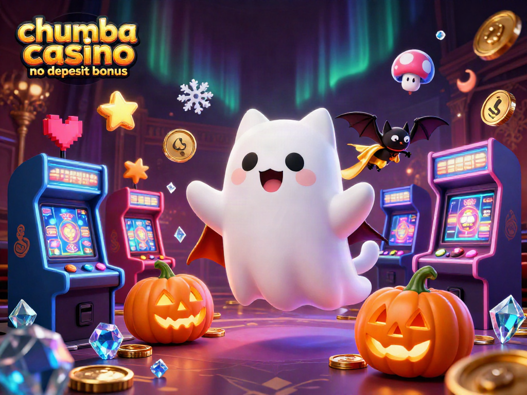 Play with the chumba casino no deposit bonus, featuring a lively ghost cat and vampire bat in a haunted casino.