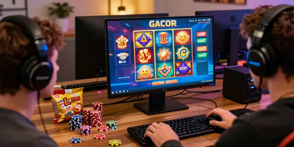 Player enjoying slot online gacor in modern gaming setup with vibrant UI