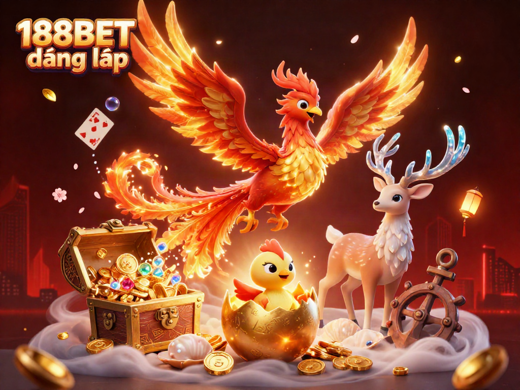 Engage in vibrant gaming action at 188BET đăng nhập showcasing a phoenix and mystical stag amidst treasures.