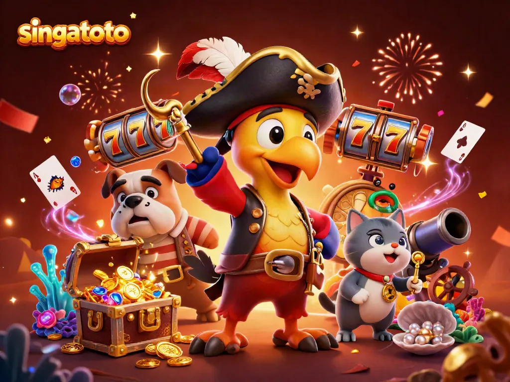 Join singatoto's adventure with a pirate captain and friends celebrating a jackpot win surrounded by treasures.