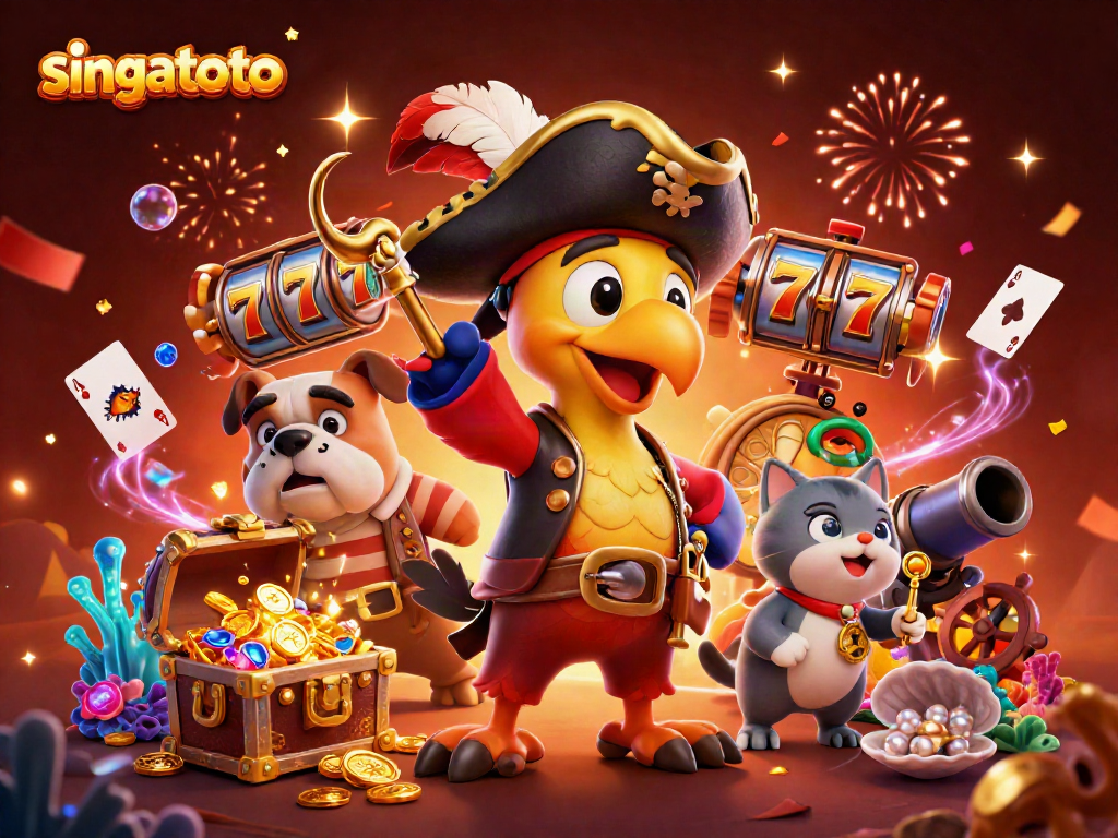 Join singatoto's adventure with a pirate captain and friends celebrating a jackpot win surrounded by treasures.