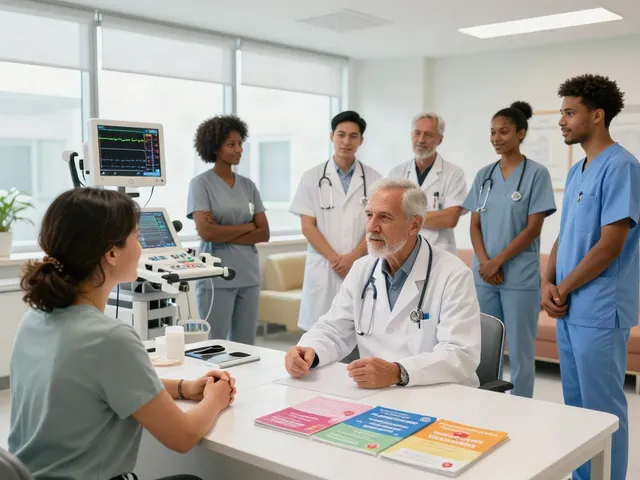 Heart failure specialists in Abu Dhabi collaborating with patients in a welcoming healthcare environment.