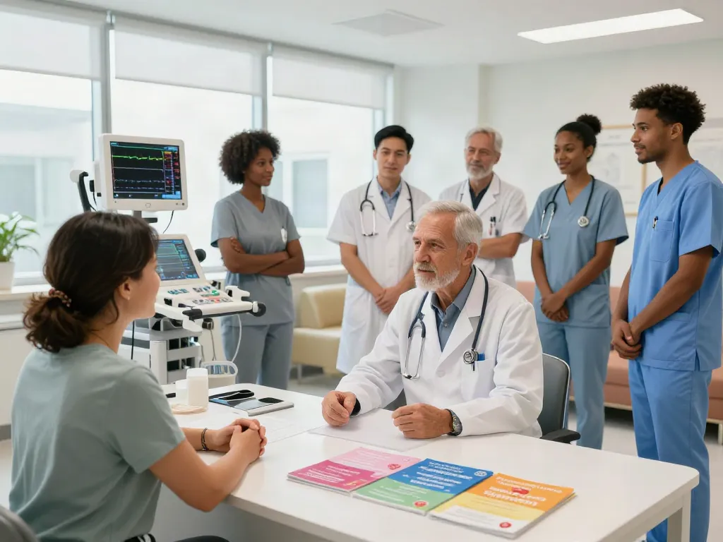 Heart failure specialists in Abu Dhabi collaborating with patients in a welcoming healthcare environment.