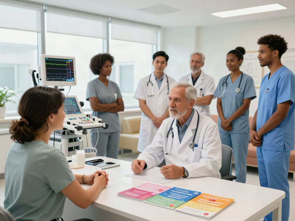 Heart failure specialists in Abu Dhabi collaborating with patients in a welcoming healthcare environment.