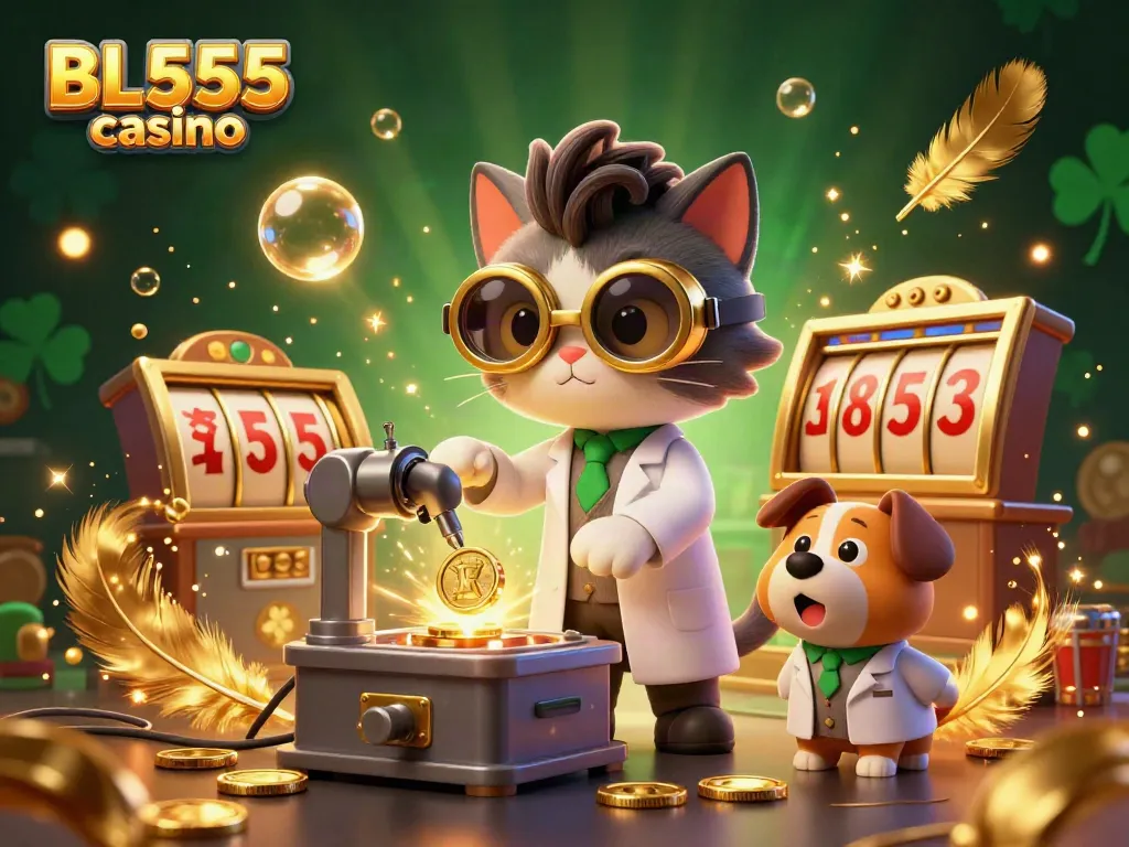 Experience thrilling fun at BL555 casino with a lively scene featuring a mad cat scientist and a playful dog in a vibrant casino setting.
