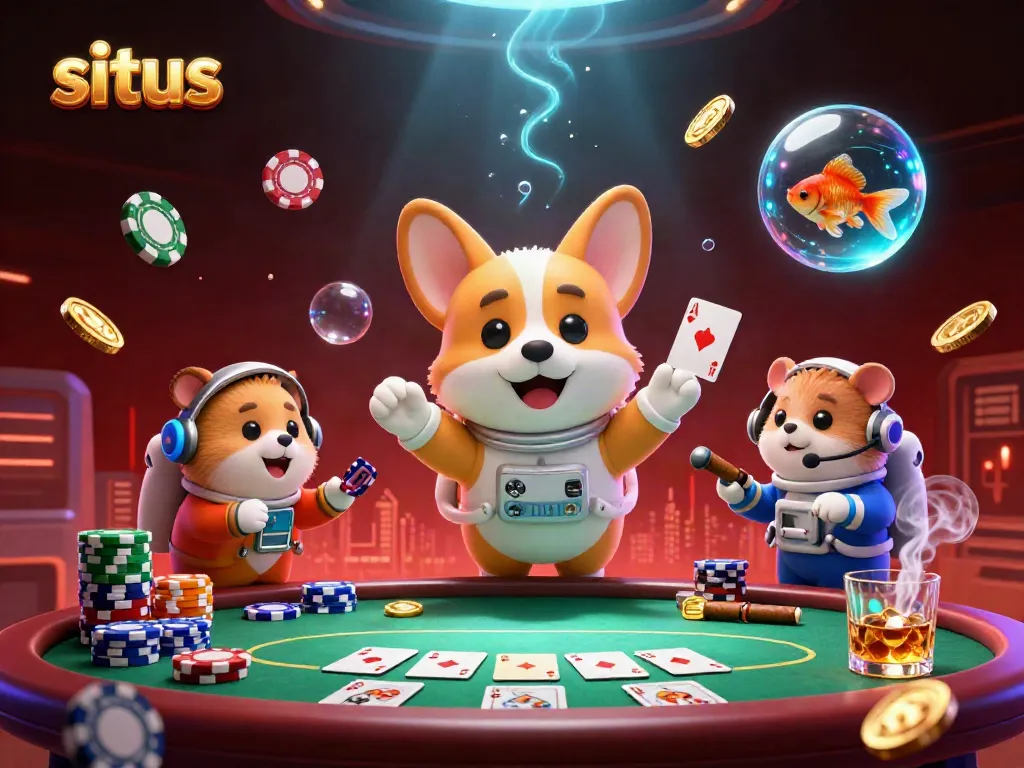 Experience situs gaming with a 3D cartoon astronaut corgi in a vibrant casino scene floating among golden coins and poker chips.