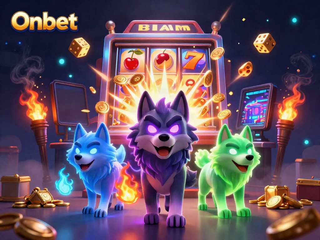 Engage with Onbet's exciting online casino adventures featuring a vibrant, dynamic scene with slot machines and playful wolves.