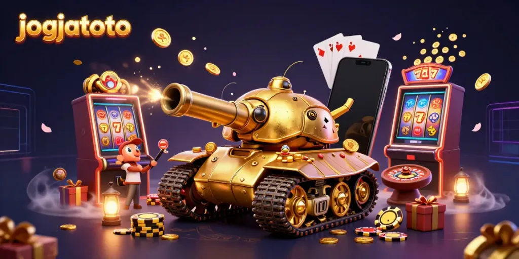 Experience jogjatoto with an exciting 3D casino illustration featuring vibrant slots and gaming elements.