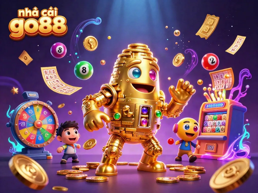 Engage with the vibrant scene showcasing nhà cái go88, featuring a golden golem and various lottery elements.