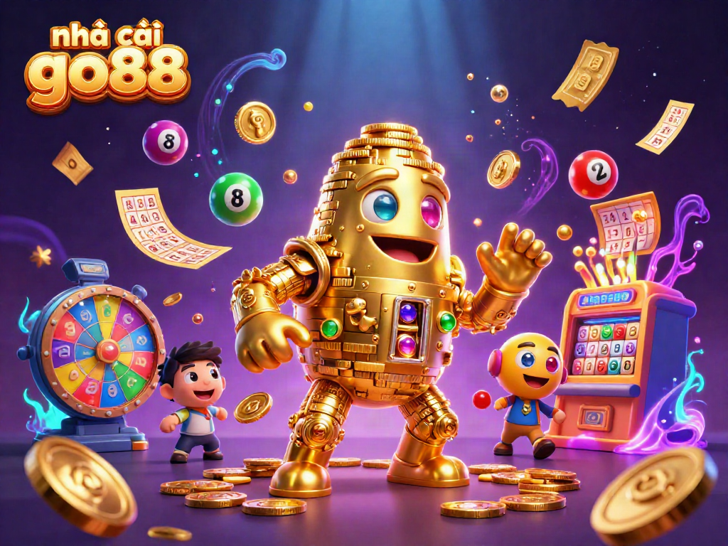 Engage with the vibrant scene showcasing nhà cái go88, featuring a golden golem and various lottery elements.