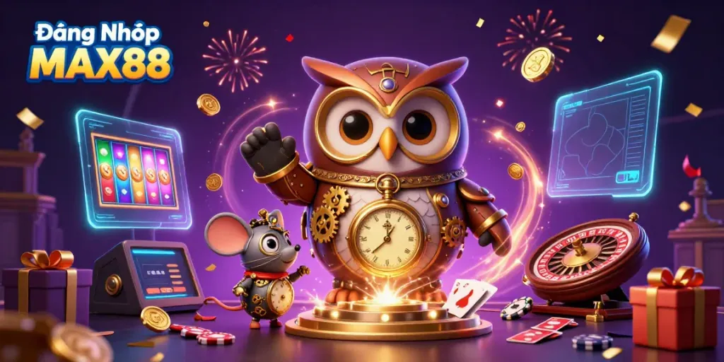 Engage with Đăng Nhập MAX88 in an exciting casino adventure featuring slot games, vibrant characters, and celebratory elements.