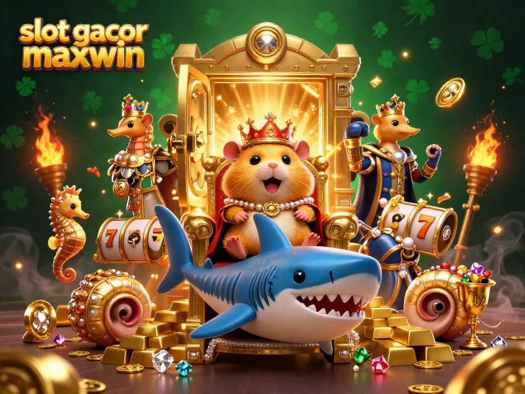 Experience the thrill of slot gacor maxwin with a golden hamster king on a megalodon throne, surrounded by riches.
