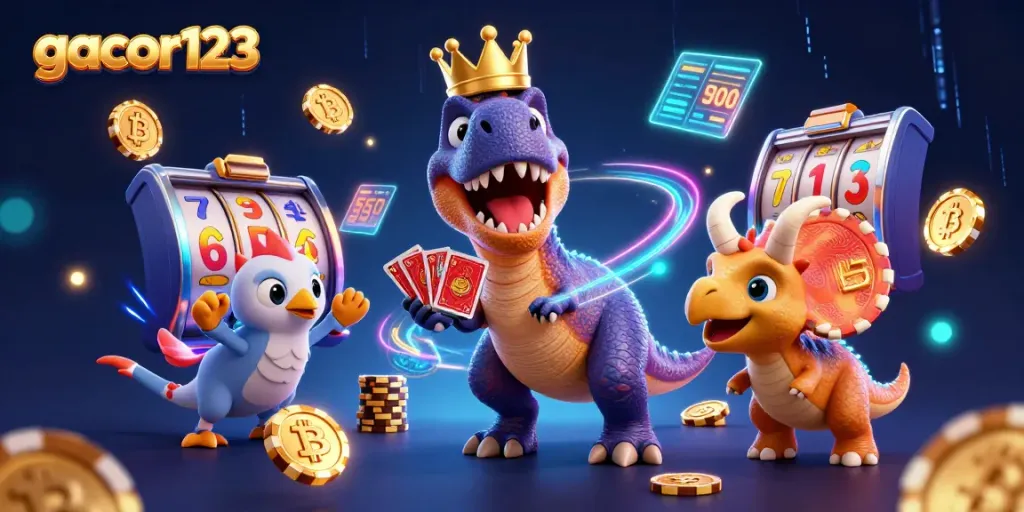 Join the fun at gacor123 with a friendly T-Rex, pterodactyl, and triceratops playing slots and stacking chips.
