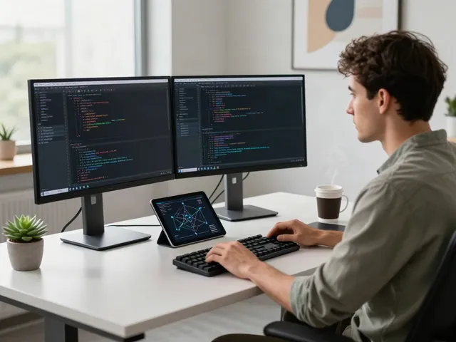 Software developer at tech workspace with dual monitors, coding for v2rayN官网.
