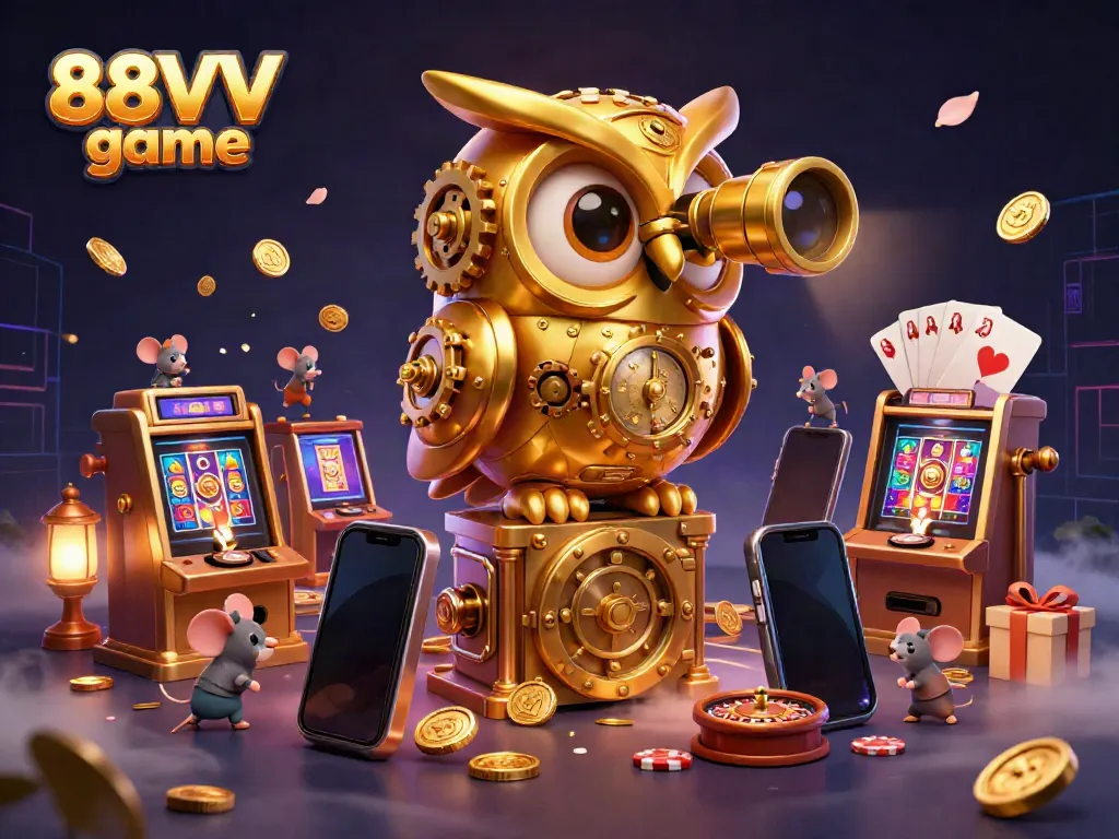 Experience the vibrant 88VV game scene with an owl and mice in a bustling casino setting.