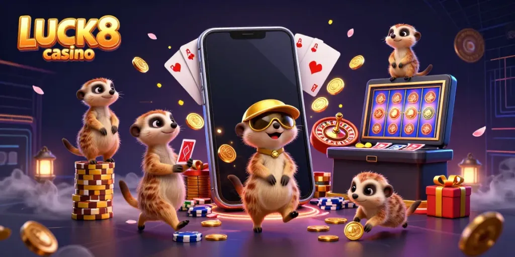 Experience the excitement of LUCK8 casino with a lively scene of meerkats and dynamic gaming elements.