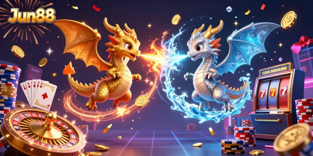 Engage in the thrilling world of Jun88 with dynamic dragons among casino imagery, from poker chips to slot reels.