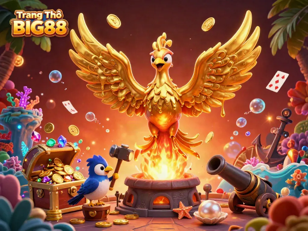 Experience immense fun at Trang Chủ BIG88 as golden phoenix emits gold coins in an exciting casino scene.