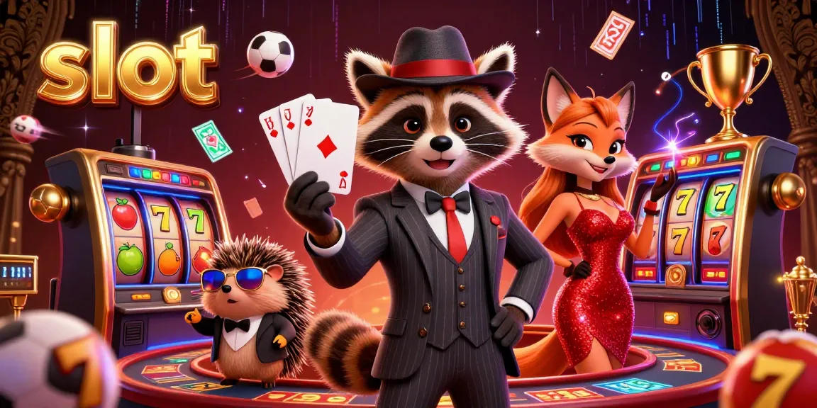 Engaging 3D slot illustration featuring a suave raccoon, glamorous fox, and bouncer amidst jackpot symbols.