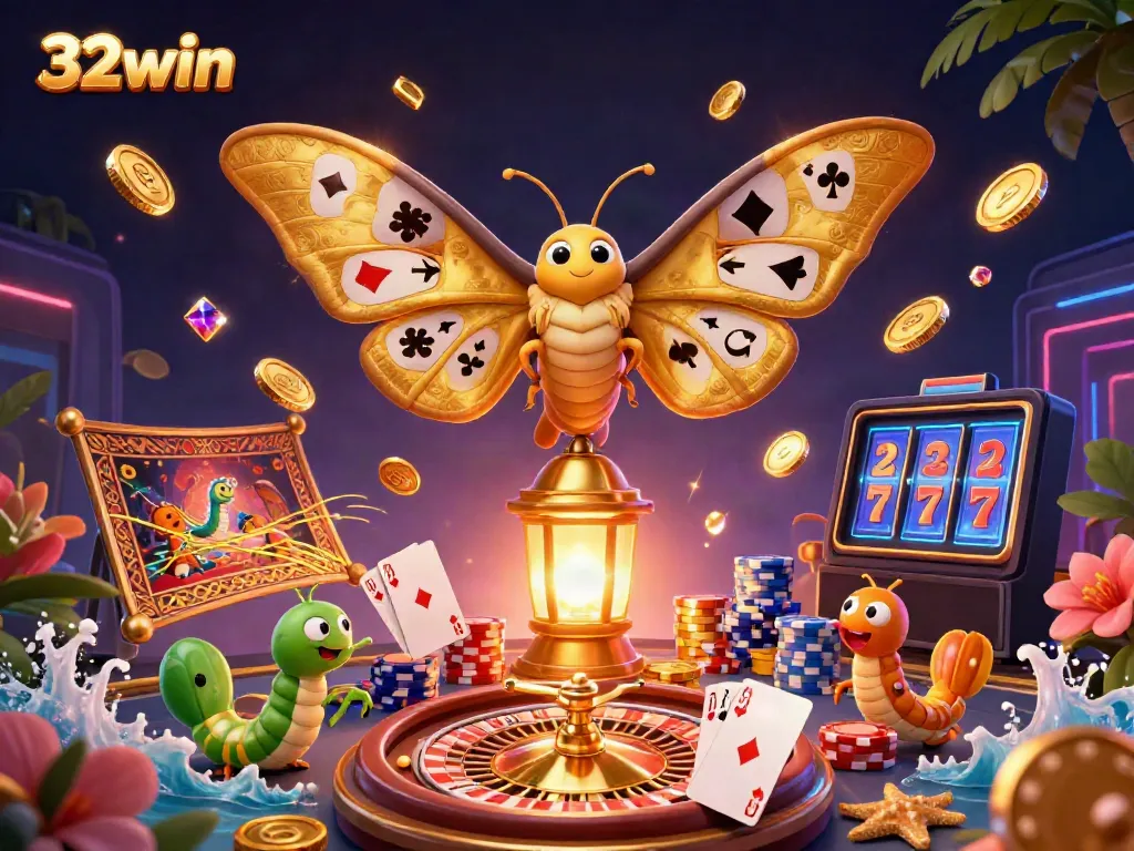 Engage with 32win's exciting casino world featuring vibrant games, golden coins, and dynamic characters.