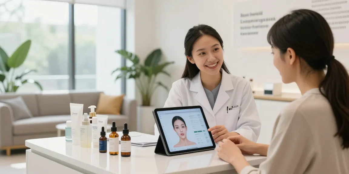 Beauty consultant analyzing facial features, showcasing how ClinicEvo is a better alternative to QOVES in a modern clinic setting.