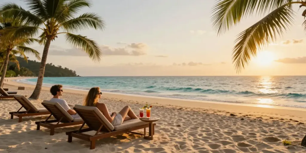 Carmen's Luxury Travel: A couple enjoying a sunset at a luxurious beach resort, capturing the essence of relaxation and elegance.