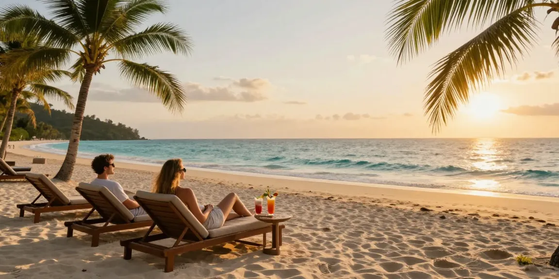 Carmen's Luxury Travel: A couple enjoying a sunset at a luxurious beach resort, capturing the essence of relaxation and elegance.