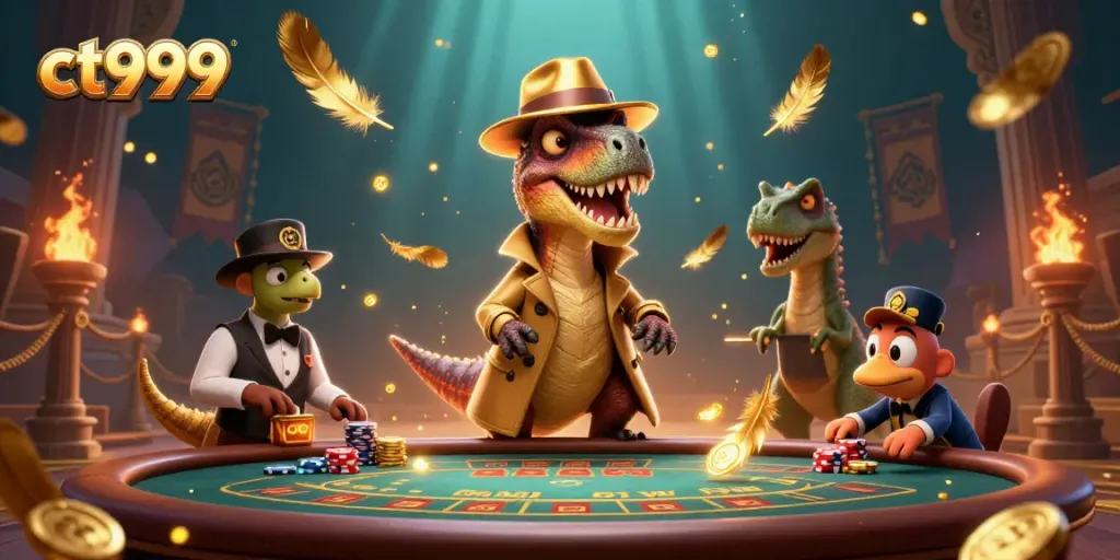 Experience ct999 online casino action with cartoon characters in a vibrant gambling scene.