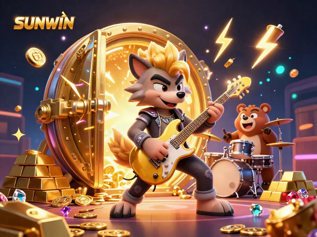 SUNWIN casino stage featuring a rock star wolf and a drummer bear amidst sparkling treasures and golden light.