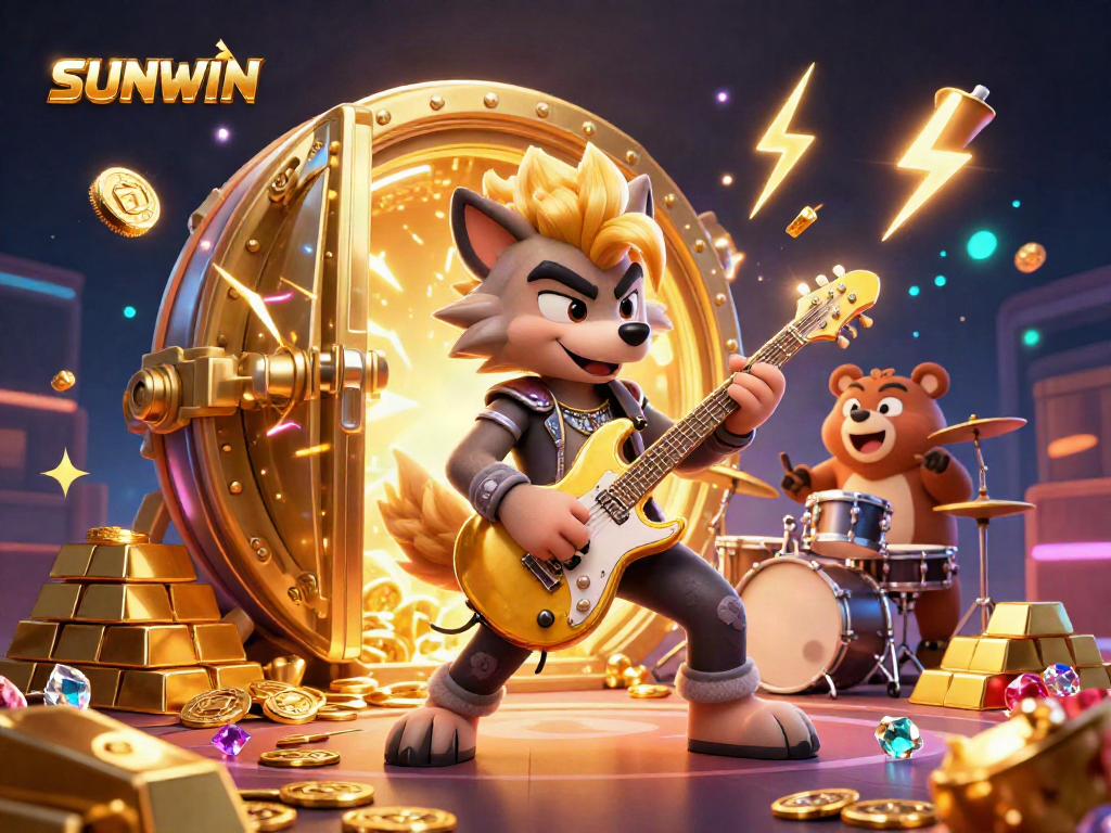 SUNWIN casino stage featuring a rock star wolf and a drummer bear amidst sparkling treasures and golden light.