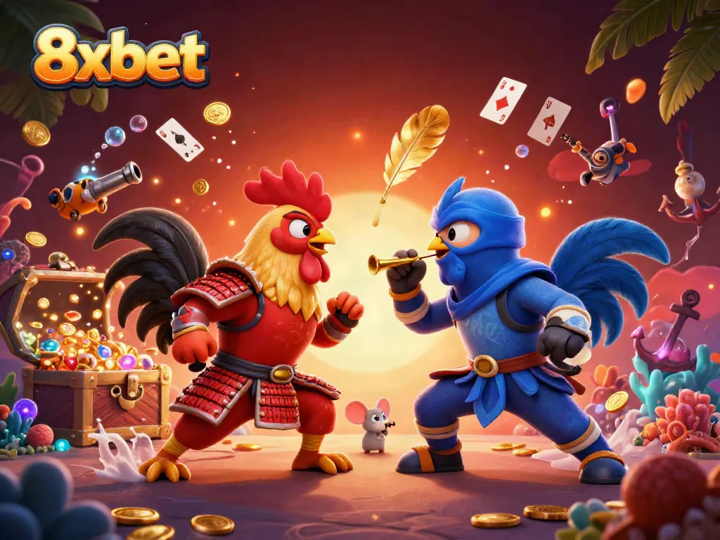 Experience thrilling gameplay at 8xbet with dynamic rooster combat amidst treasure and casino elements.