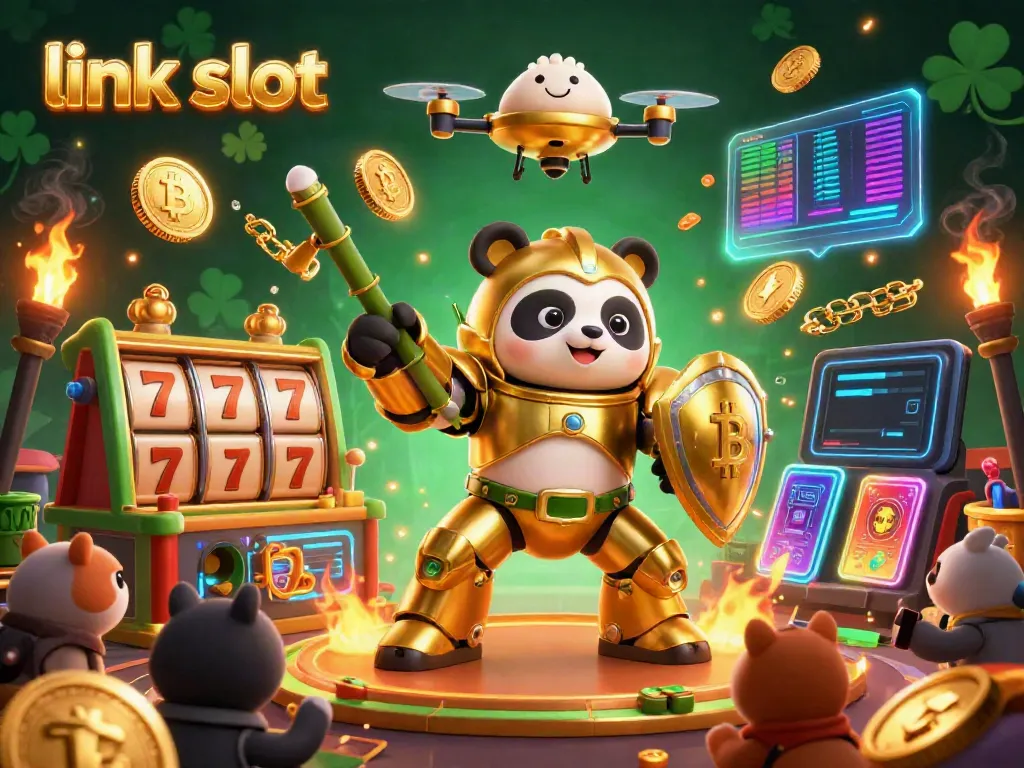 Permainan link slot yang menyenangkan dengan panda emas bertenaga robot, dalam suasana kasino yang meriah.