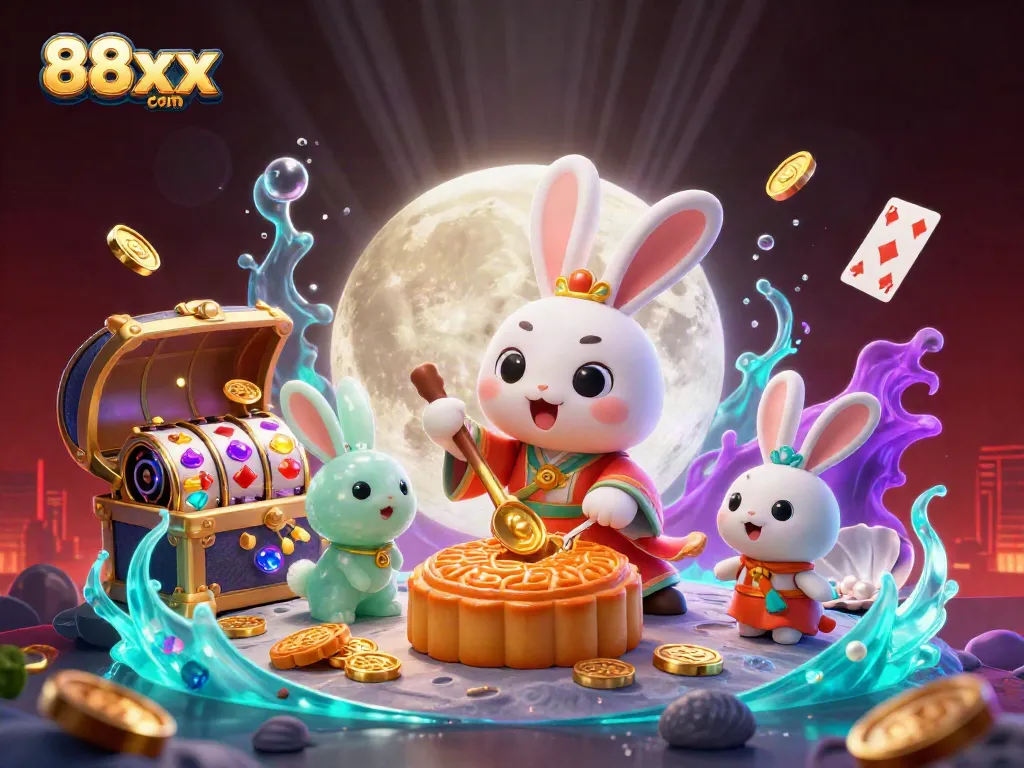Experience rich gameplay action at 88xx com with a whimsical illustration featuring a moon rabbit celebrating winning slots.
