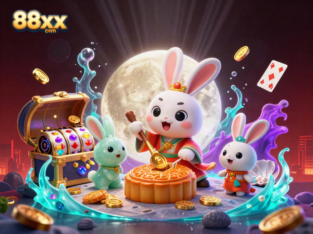 Experience rich gameplay action at 88xx com with a whimsical illustration featuring a moon rabbit celebrating winning slots.