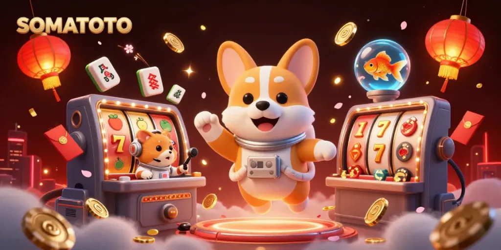 Experience SOMATOTO's exciting space-themed casino with floating slots and animated characters in action.