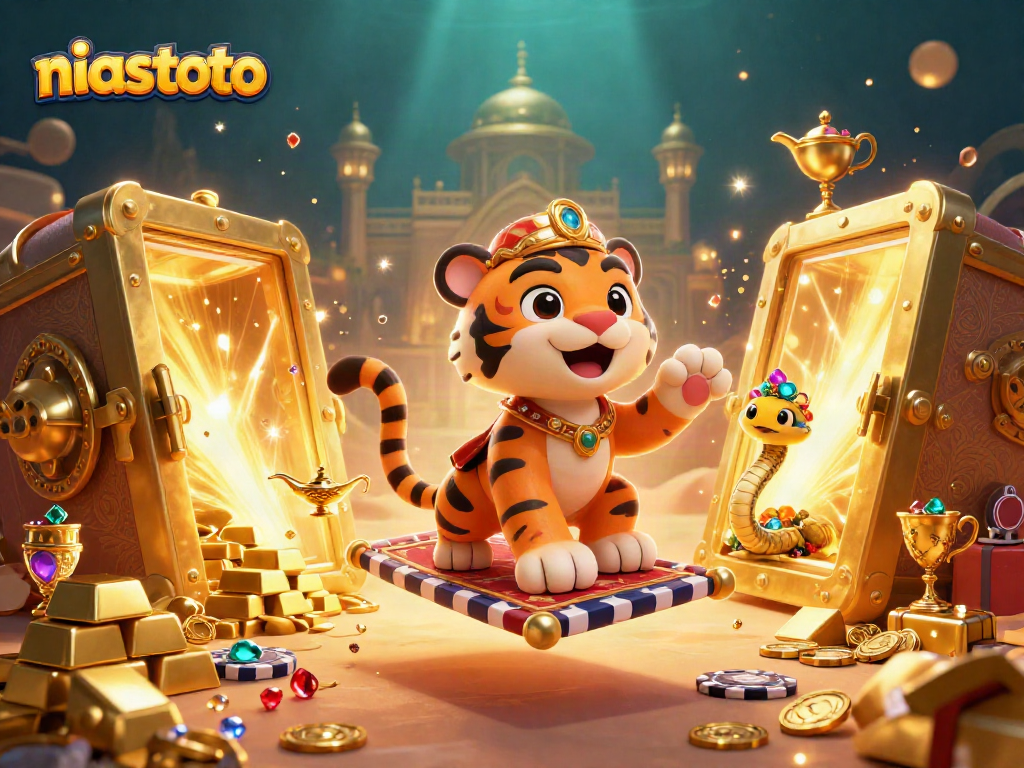 Engage in niastoto's thrilling games with a vibrant 3D illustration featuring a sultan, treasures, and magic.