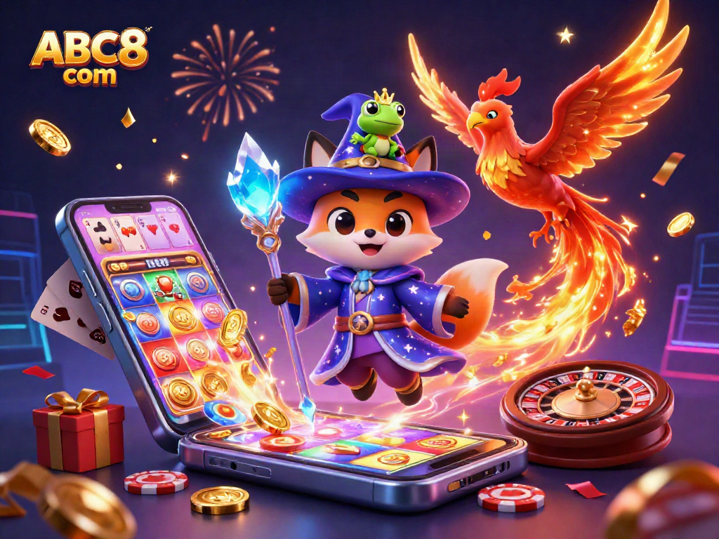 Experience the excitement of ABC8 com's vibrant casino world with this engaging illustration featuring slot games.
