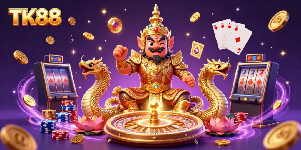 Engage with TK88 as you win with cascading coins and 3D characters in an enchanting casino scene.