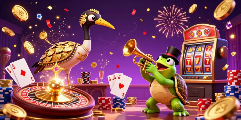 Engage with bandungtoto's vibrant gaming scene featuring 3D art deco characters in a dynamic casino setting.