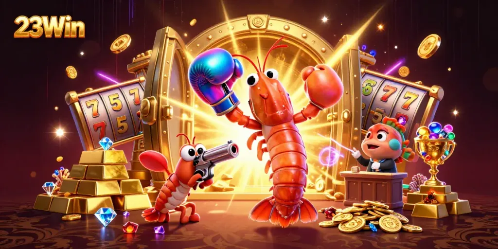 Engage with 23Win in an energetic casino scene featuring vibrant 3D characters and gold treasures.